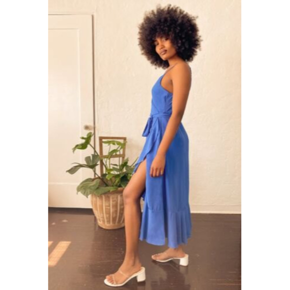 Lulus Manhattan Moment Blue Ruffled Midi Wrap Dress Size S - Picture 4 of 12